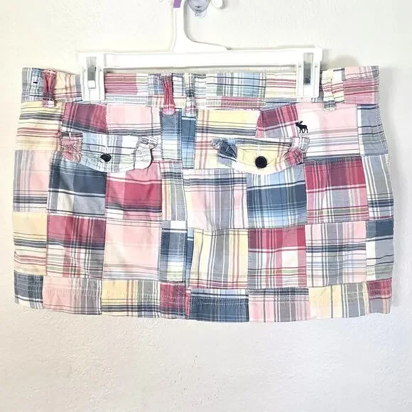 VTG Abercrombie & Fitch Y2K Micro Mini Patchwork Skirt Women's 10 Madras Plaid - Picture 2 of 9